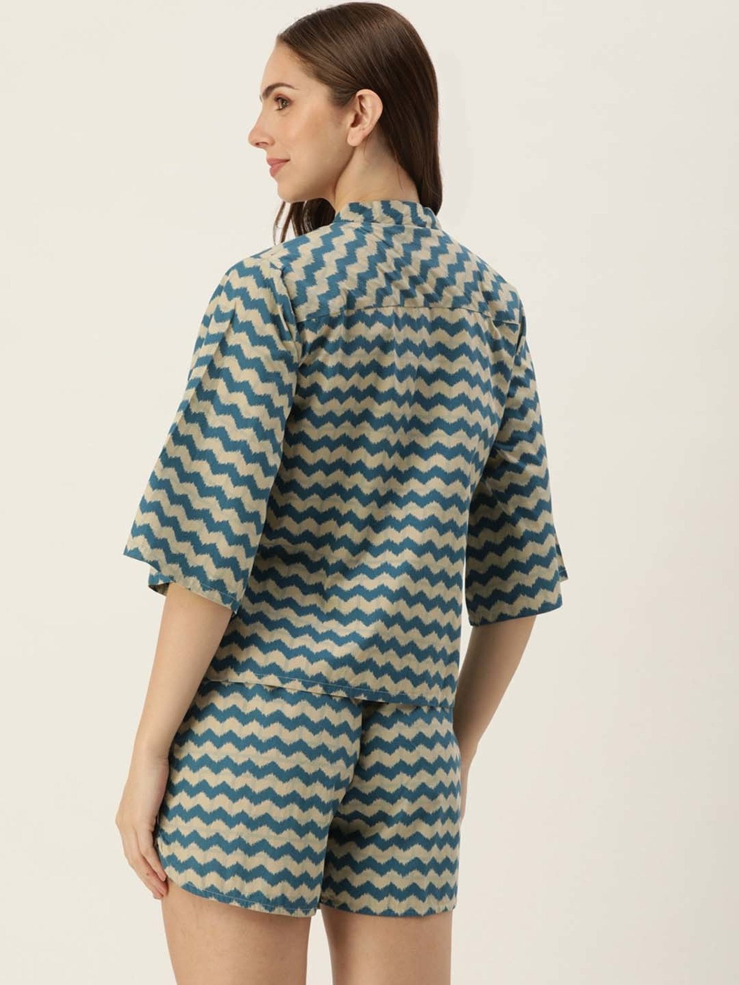 Clt.s Blue Cotton Printed Top Shorts Set With Jacket