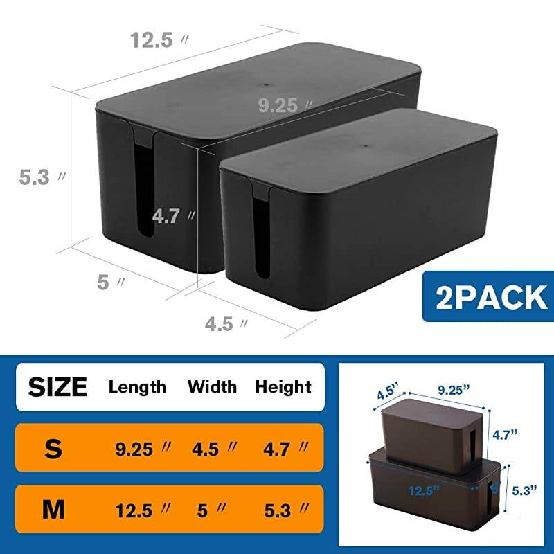 Cable Management Box Cable Organizer For Cable and Cord Management Storage and Holder to Cover and Hide Power Strips Cords balck 2 set
