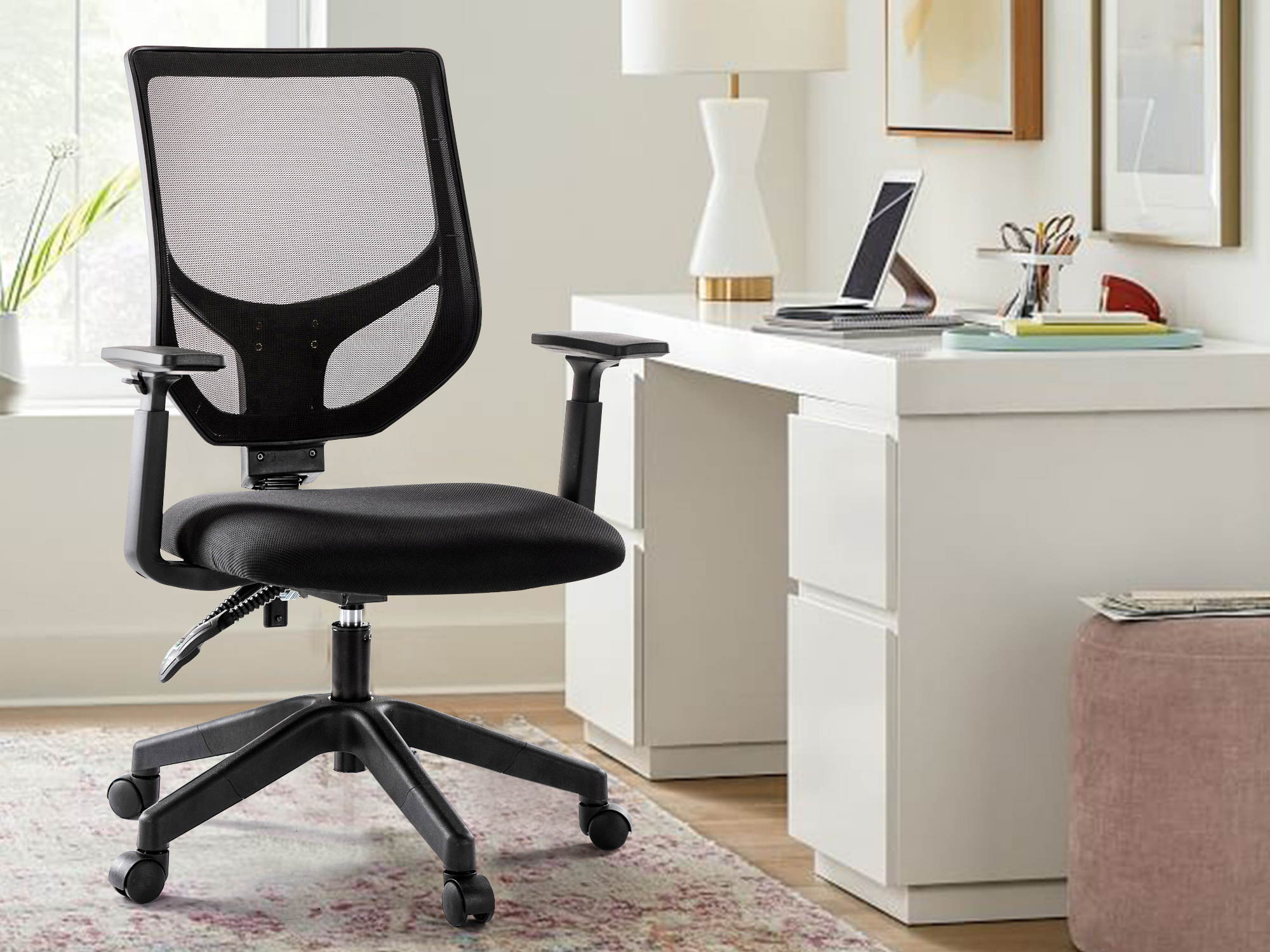 RIMIKING Ergonomic Back Office Chair, Swivel Mid-Back Mesh Back with Height Adjustment and Padded Eco Leather Seat