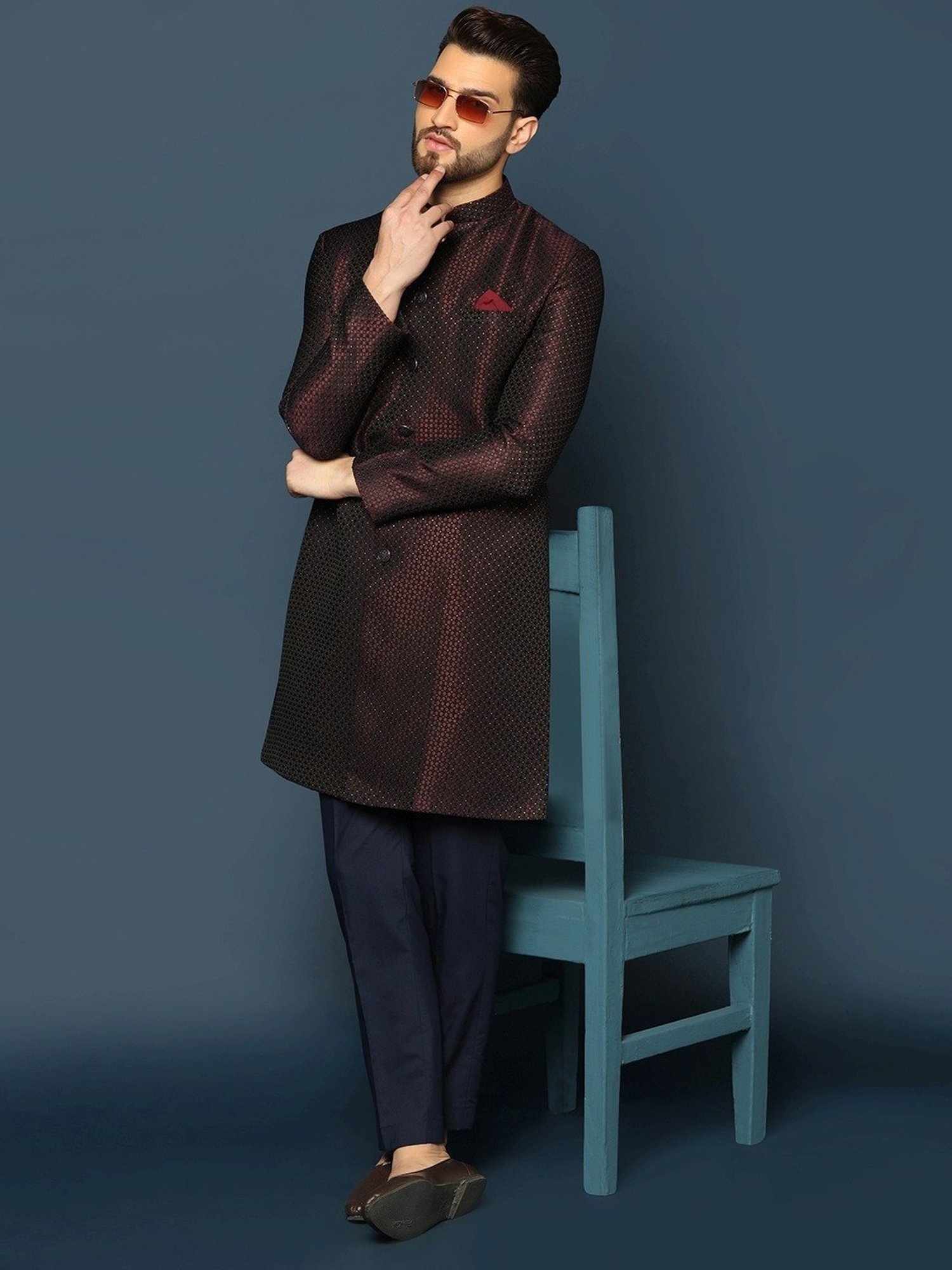 Hangup Plus Beige & Black Regular Fit Printed Sherwani Set