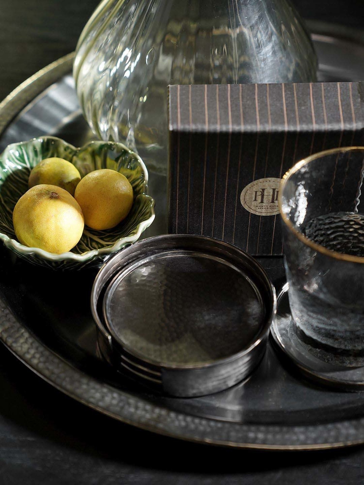 Pure Home and Living Grey Stainless Steel Matt Finish Hammered Coasters With Stand - Set of 4