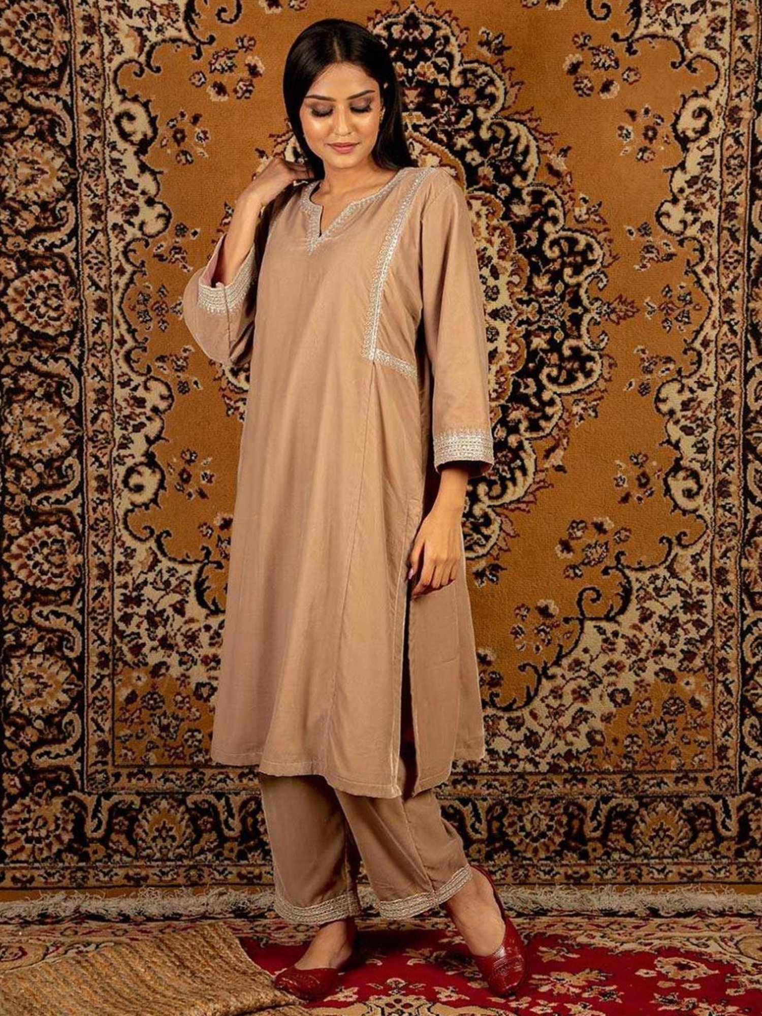 Priya Chaudhary Light Brown Naaz Embroidred Silk Velvet Kurta