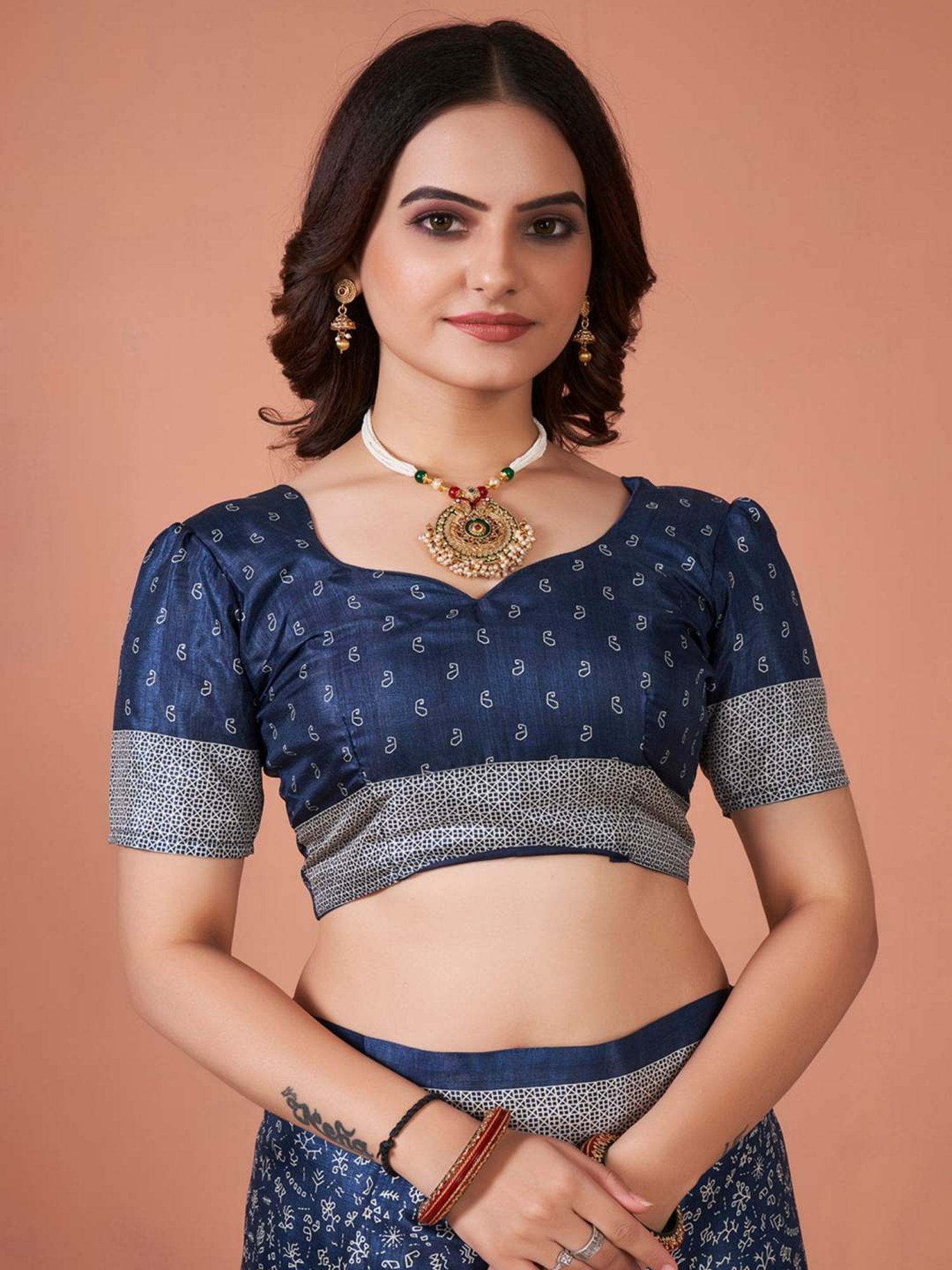 Saree Mall Navy Silk Printed Saree With Unstitched Blouse