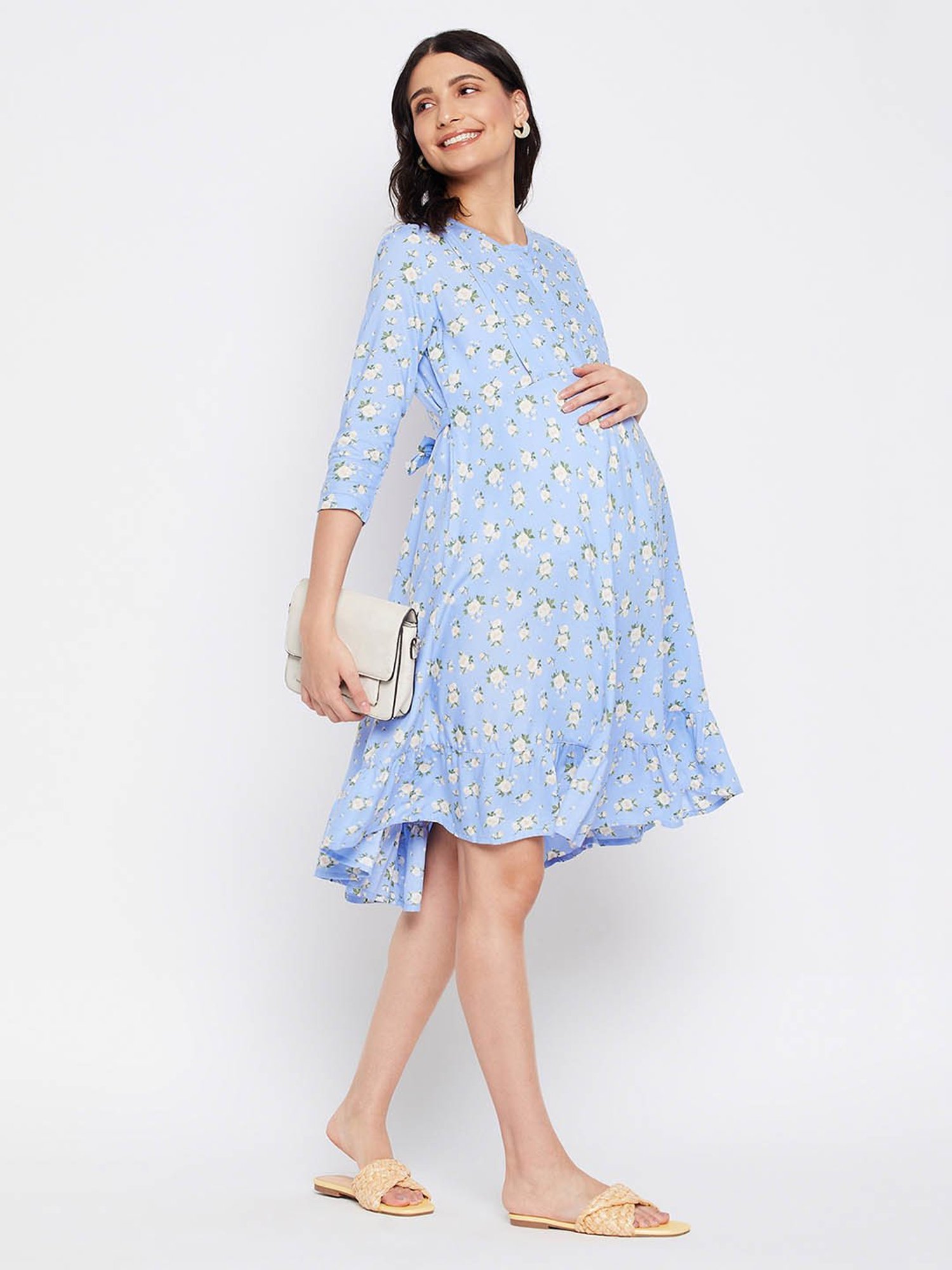 Hypernation Blue Rayon Floral Print Maternity Dress