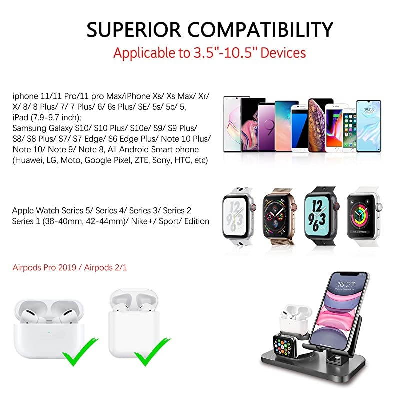 3 in 1 Charging Stand for Apple Watch Series 5/4/3/2/1, Airpods 2/1, Compatible with iPhone 12 Pro 2020 11 SE2 XS MAX XR XS 8 7 6 6s Plus 5s, iPad Tablet Stand(Original Cables Required),Black