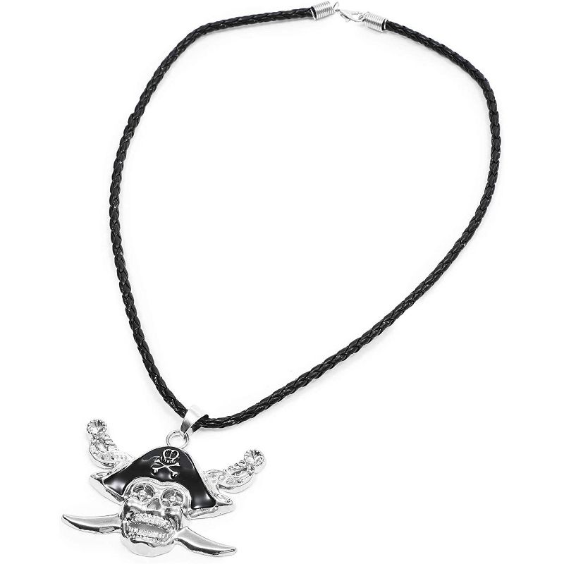 Blue Panda Silver Pirate Skull Pendant with Leather Chain Necklace for Men and Halloween Party, 19"