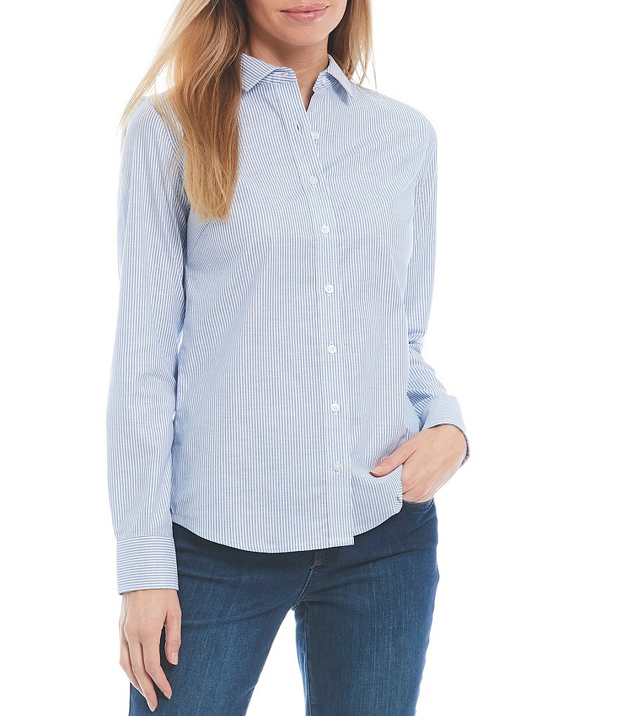 Cutter & Buck Point Collar Long Sleeve Stretch Oxford Stripe Dress Shirt