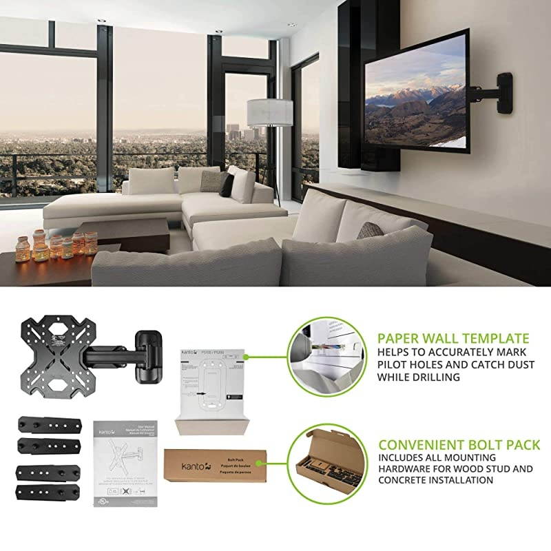 PS200 Full Motion Articulating TV Wall Mount for 26inch to 60inch TVs | Integrated Cable Management | Low Profile and 14 Inch Extension | Single Stud Wallplate