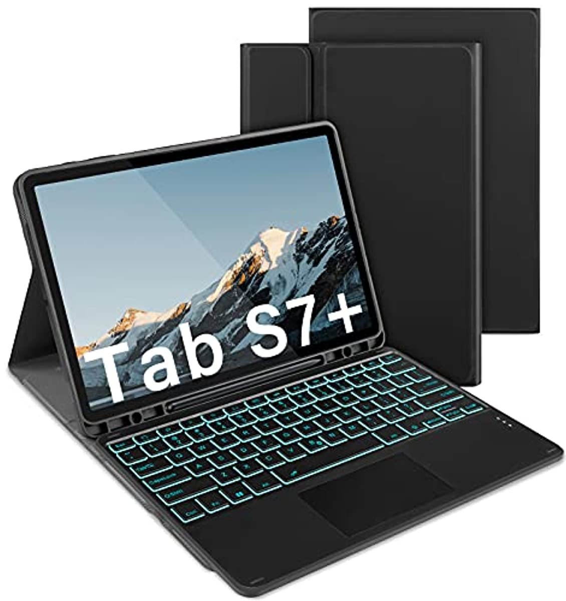 Jelly Comb Backlit Bluetooth Keyboard Case with Trackpad for Samsung Galaxy S7 Plus 12.4" 2020 (SM-T970/T975/T976), Wireless Detachable Keyboard with Mouse pad & Protective Cover & S Pen Holder, Black