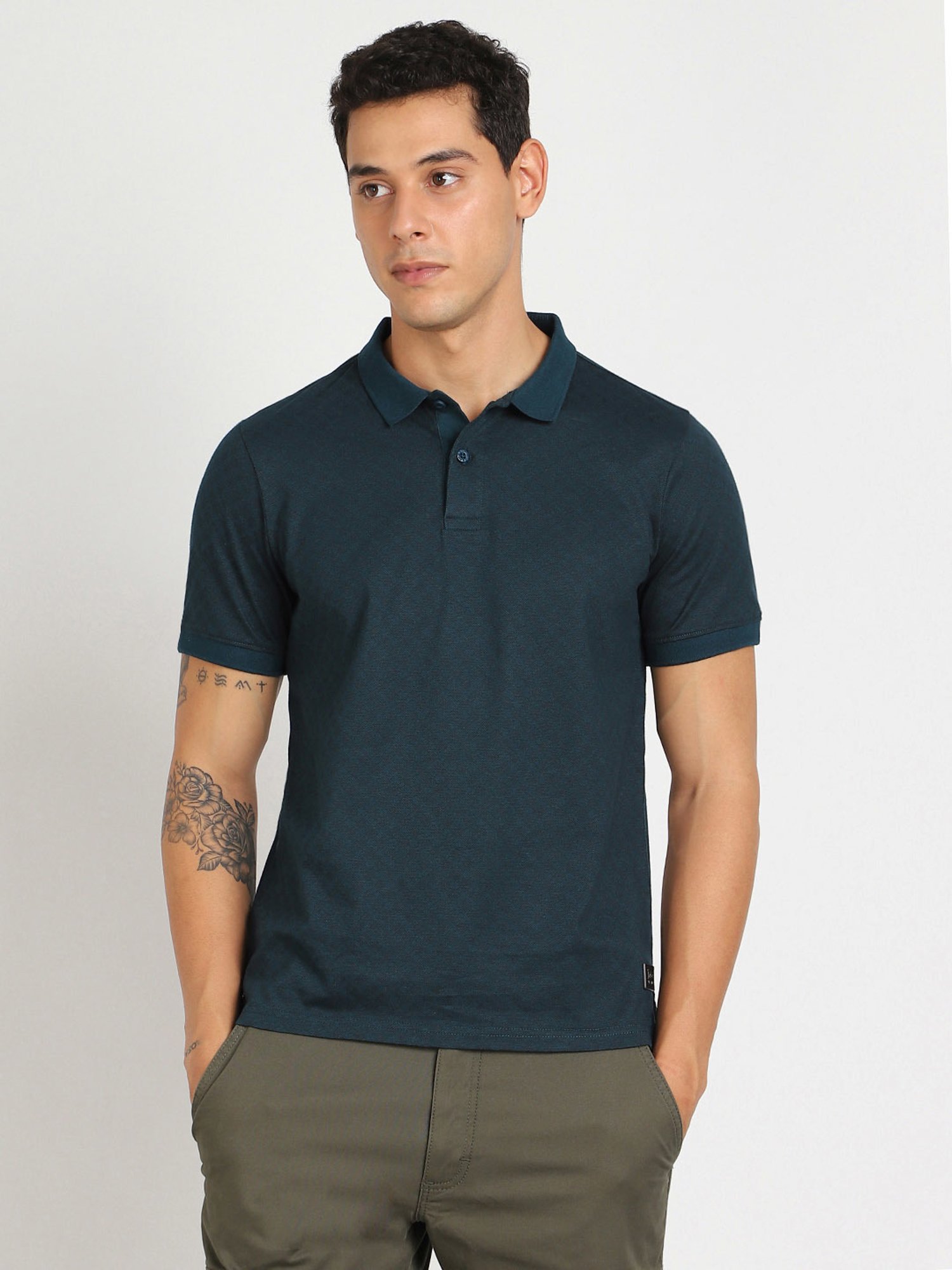 Lee Teal Green Slim Fit Printed Cotton Polo T-Shirt