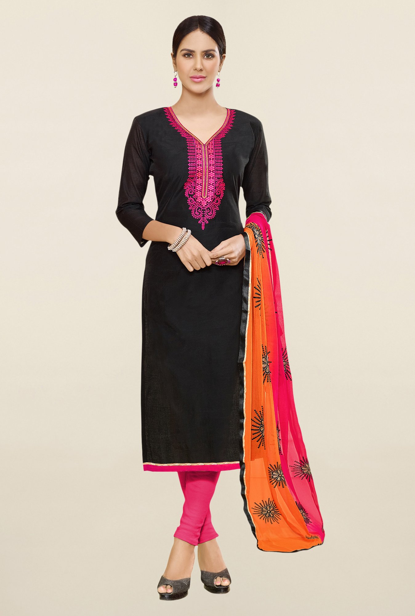 Saree Mall Black & Pink Embroidered Cotton Dress Material