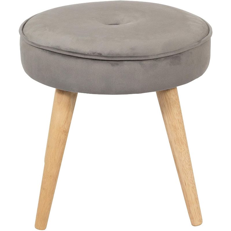 Living Essentials Alannah Stylish Upholstered Cushioned Velvet Fabric 15.75 Inch Round Footrest Ottoman Stool Seat with Pine Wood Legs, Gray