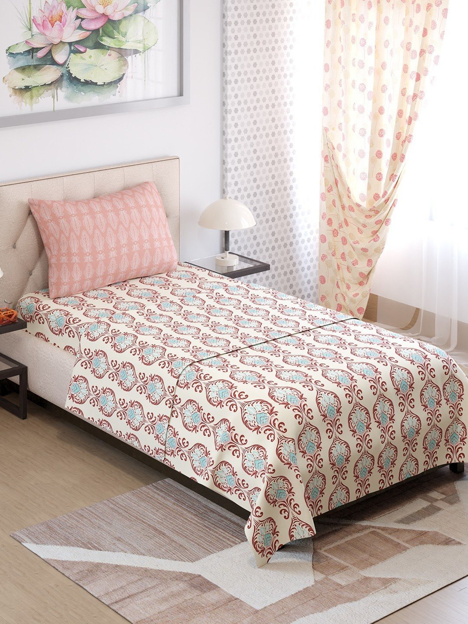 Layers Ivy Motif Maroon Morocco 125 GSM Microfibre Single Bed Sheet with 1 Pillow Cover