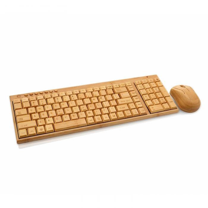 Bamboo Silent Handmade 2.4GHz Ergonomic Wireless Mouse Bamboo Mouse Keyboard Combos with Multimedia Function Keys for Laptop PC
