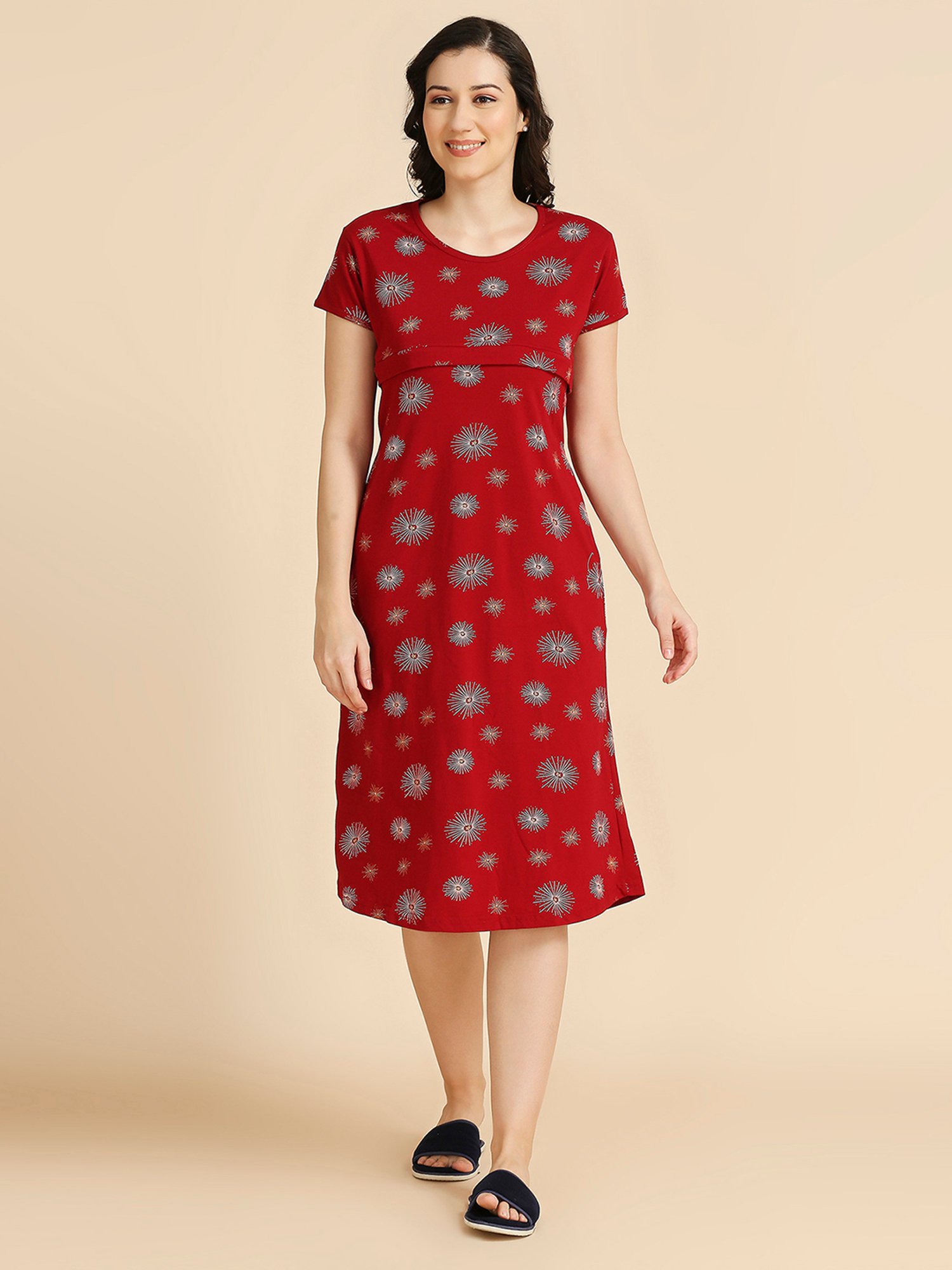 MomToBe Maroon Cotton Printed Feeding Nighty