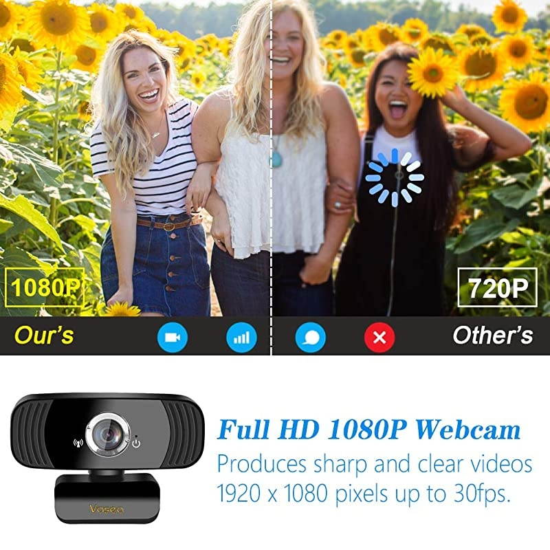 USB Webcam with Microphone, Full HD Webcam for Laptop and Desktop - Video Calling and Recording PC Webcam for Streaming, 360 Degree Rotatable