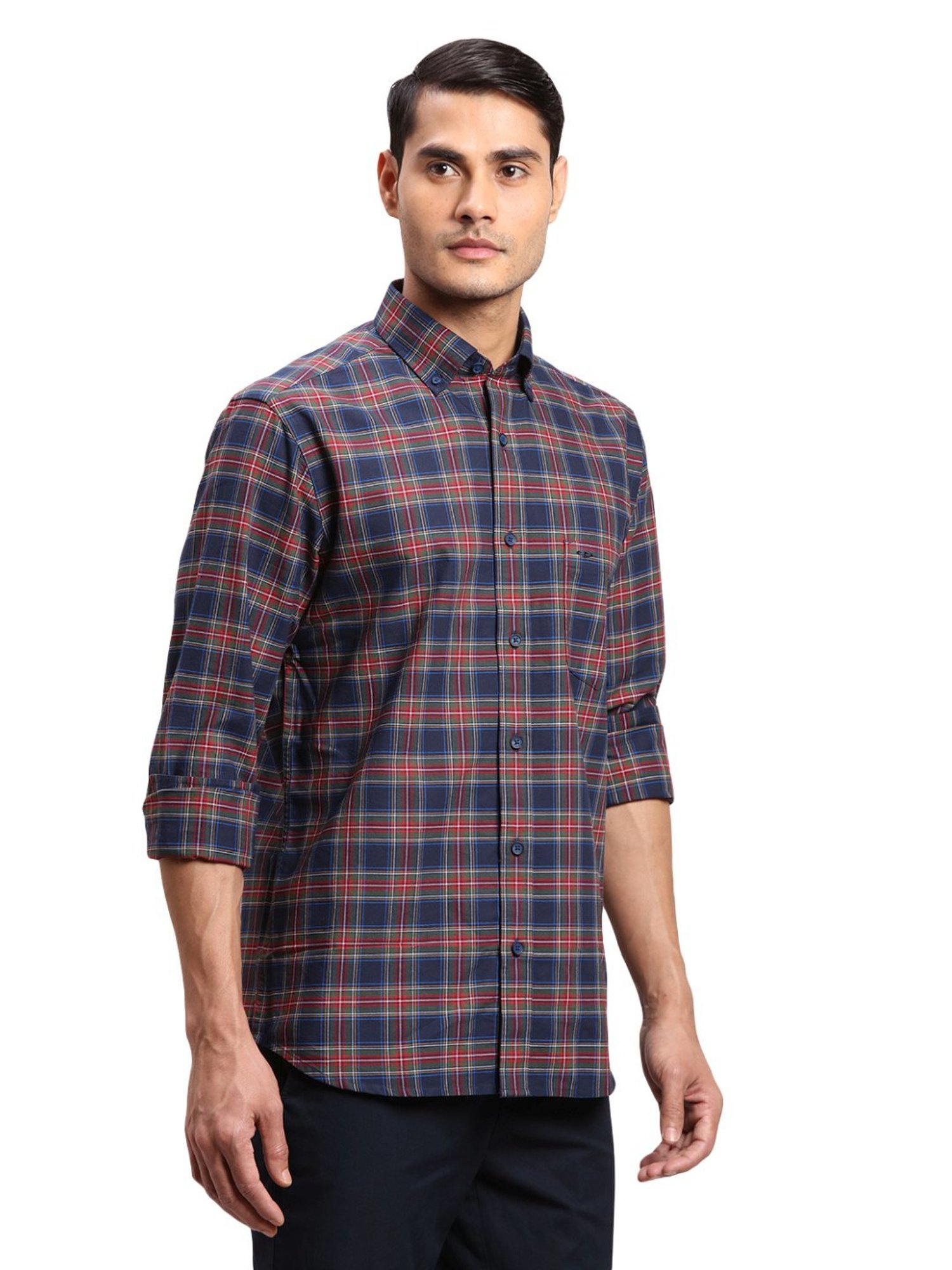 ColorPlus Blue Cotton Regular Fit Checks Shirt