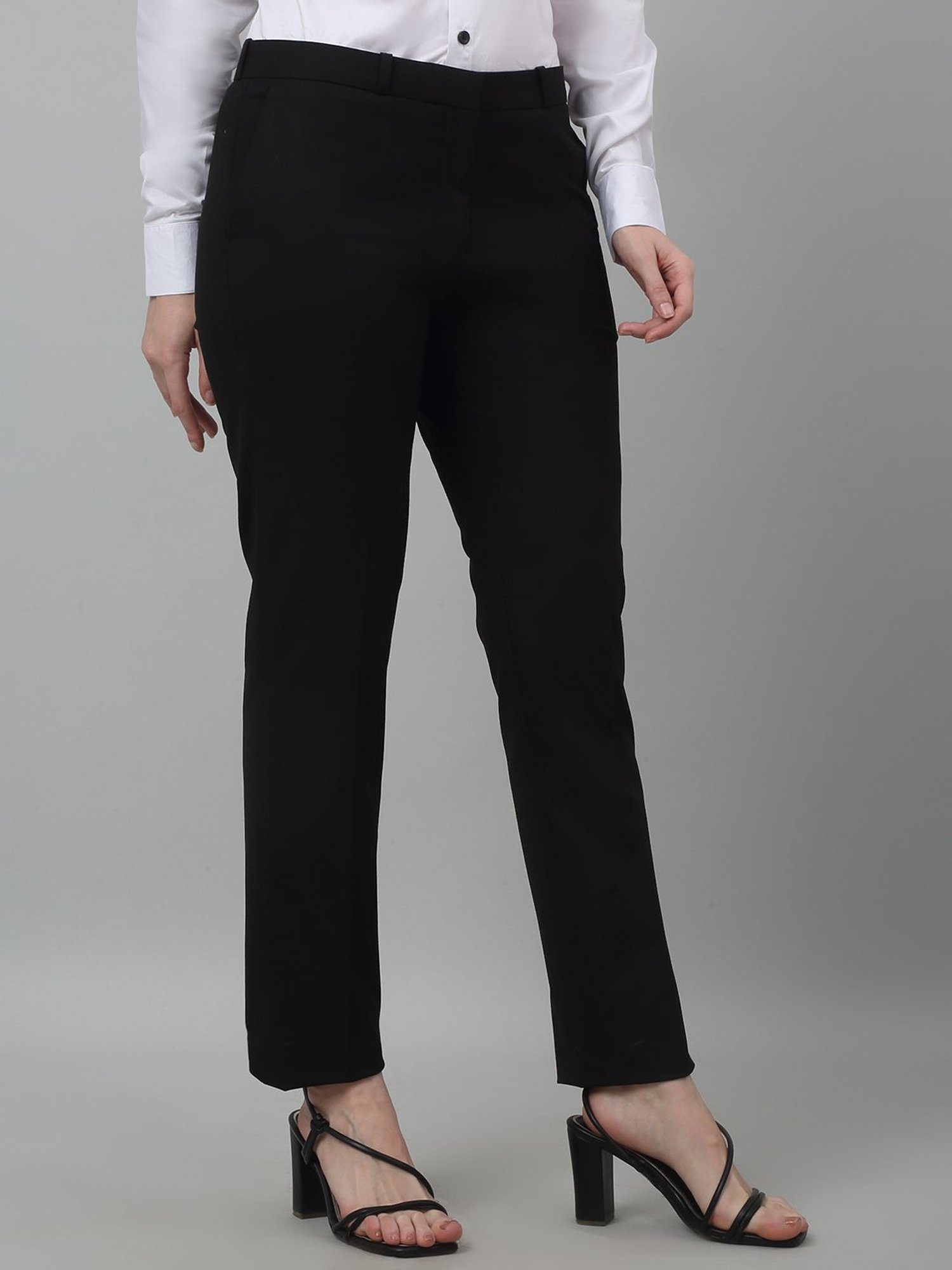 Cantabil Black Cotton Lycra Regular Fit Mid Rise Trousers