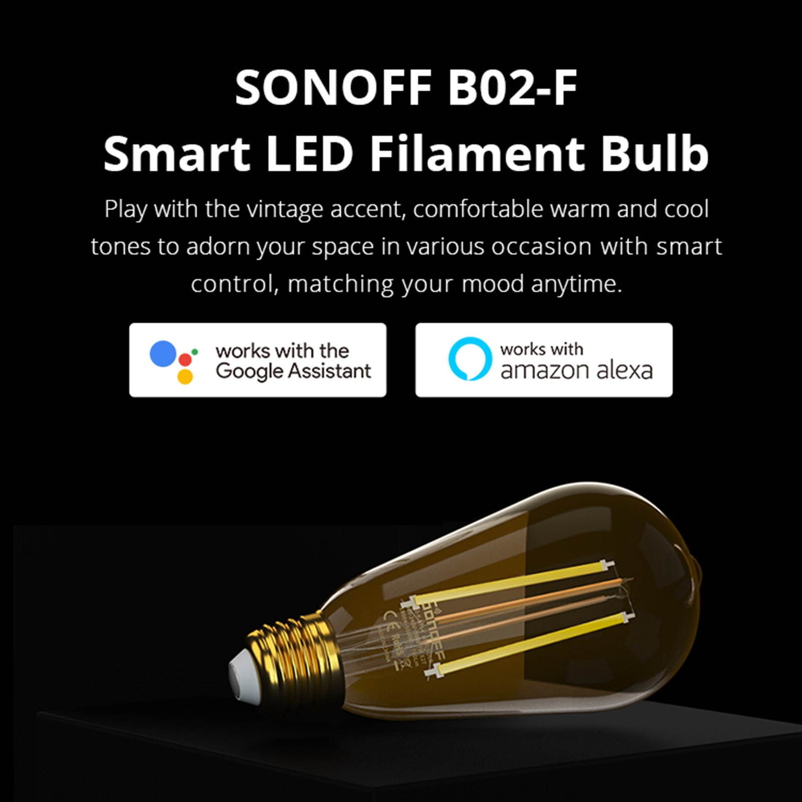 SONOFF ITEAD B02-F-ST64 Smart Wi-Fi LED Filament Bulb E27 Smart Bulb Light Dimmable Color Changeable for Android/IOS Phone APP Remote Control Compatible with Amazon Alexa & for Google Home