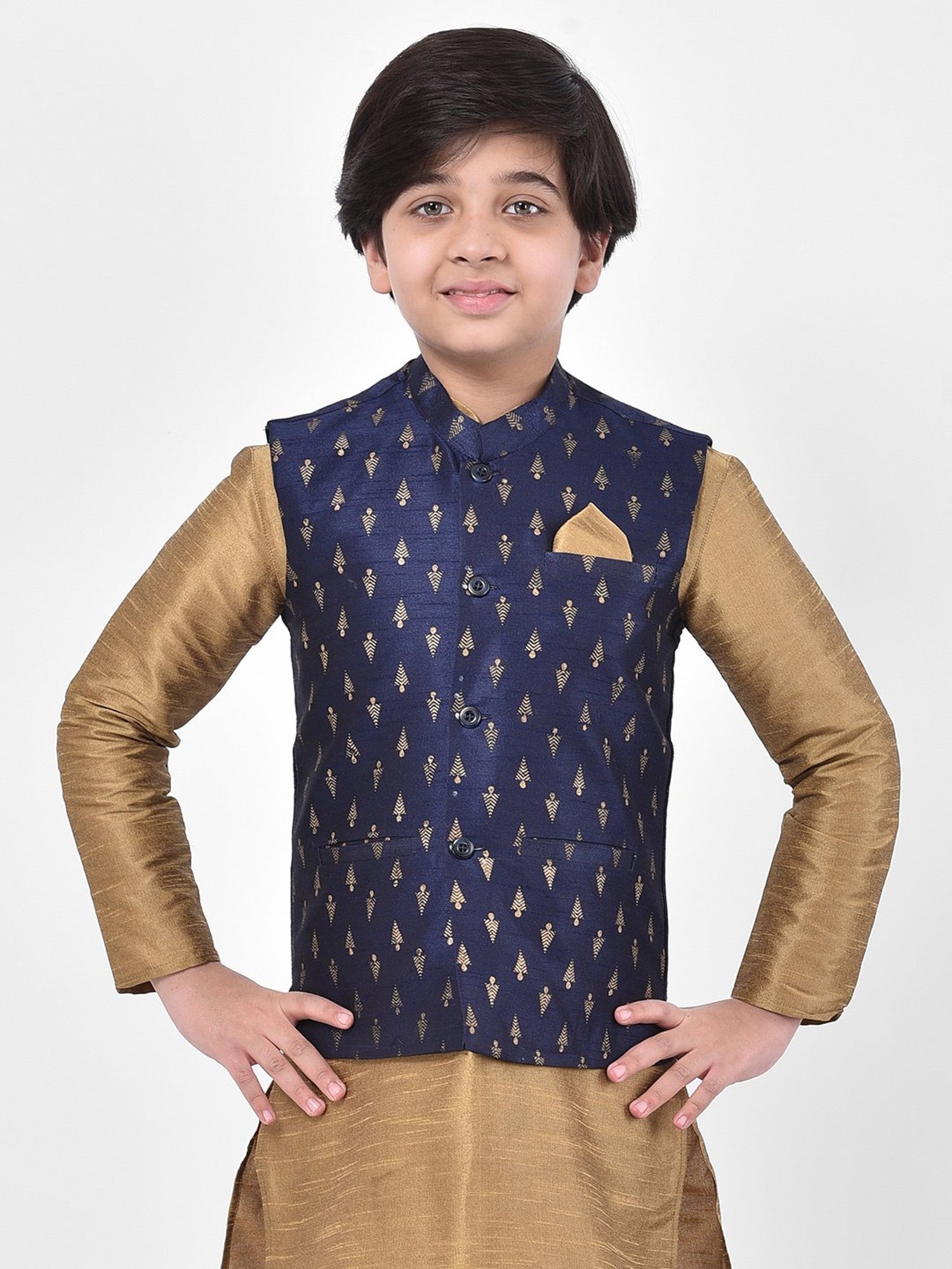 Deyann Kids Navy Embroidered Nehru Jacket