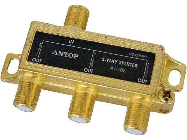 ANTOP Coaxial Splitter 3 Way 2GHz- 5-2050MHz - Low-loss RF Splitter for TV and Satellite - 18K Gold-plated chassis - All Port DC Power Passing