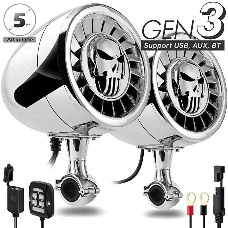 AS5-X Gen.3 All-in-One 600W Built-in Amplifier 5" Full Range Waterproof Bluetooth Motorcycle Stereo Speakers Audio Amp System, 1 to 1-1/4" Ape-Hanger Handlebar Harley Custom Touring Cruiser