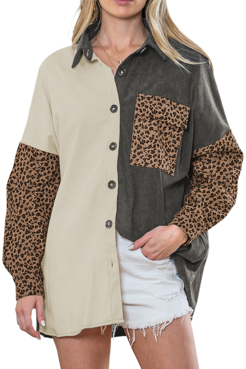 Gray Color Block Leopard Patchwork Casual Corduroy Shacket