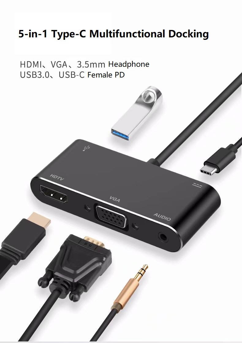 5in1 Type-C HUB USB C to 4K HDMI VGA 3.5mm Audio UHD Video Converter Dock with USB 3.0 and USB-C PD Charging for MacBook, ChromeBook and Galaxy S8/S8+/S9/S9+/S10/S10+/S20/S20+ and More.