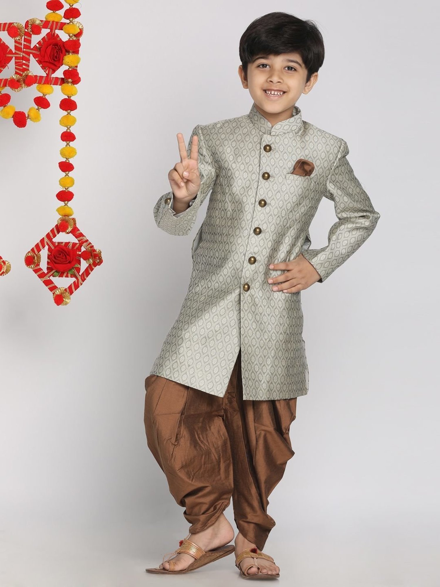 VASTRAMAY Boys Turquoise Floral Full Sleeves Indowestern