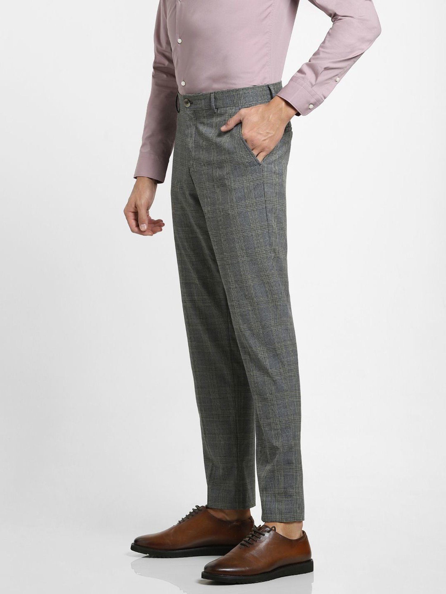 SELECTED HOMME Grey Slim Fit Checks Trousers