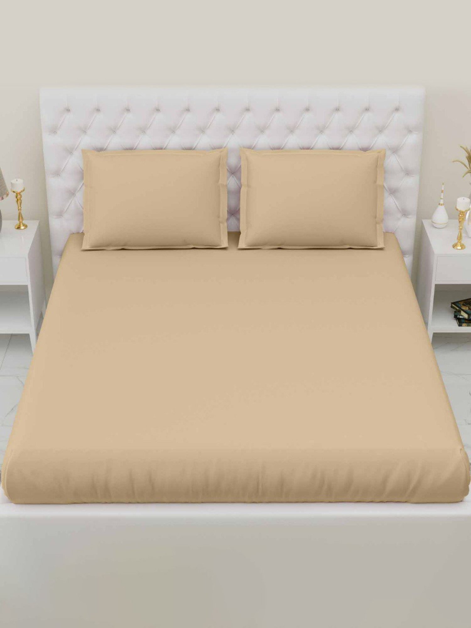 Haus & Kinder Solid Beige 300 TC Cotton Bed Sheet with 1 Pillow Cover
