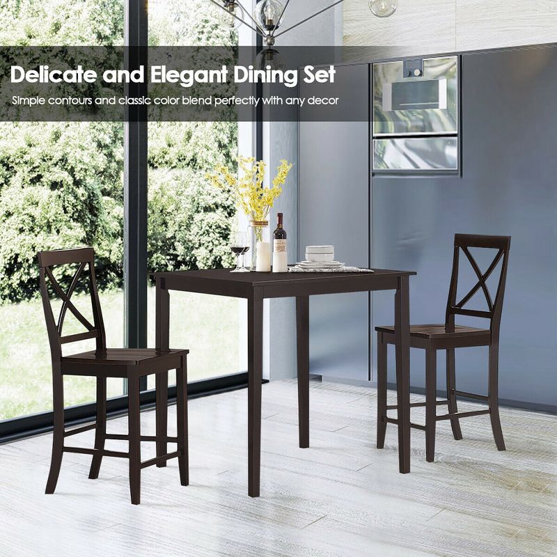 Costway 3-Piece Kitchen Dining Set Counter-Height Square Table with 2 Chairs Rubber Wood Espresso