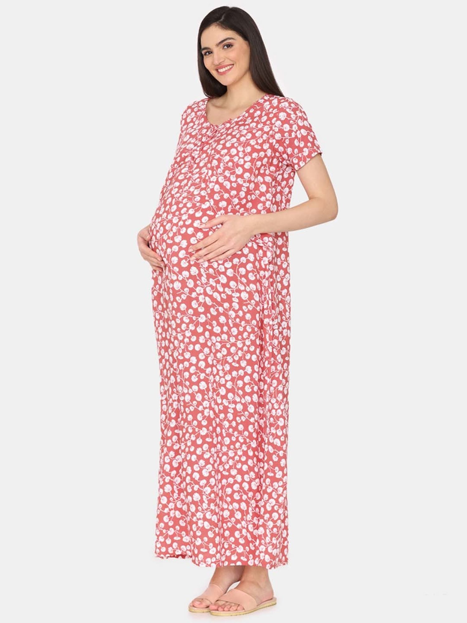 Coucou by Zivame Peach Floral Print Maternity Nighty