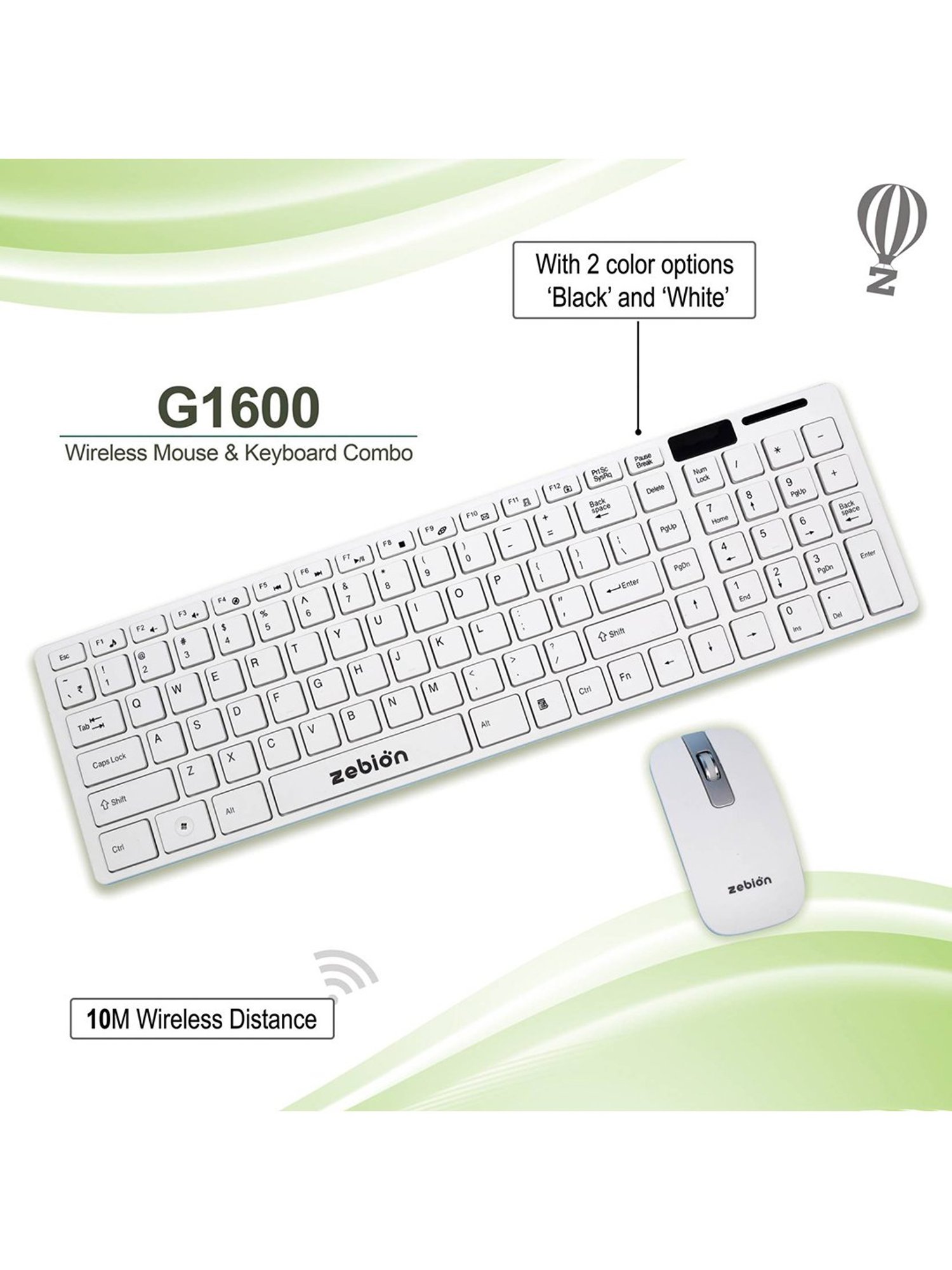 Zebion Slimfit G1600 Wireless Keyboard & Mouse Combo (White)