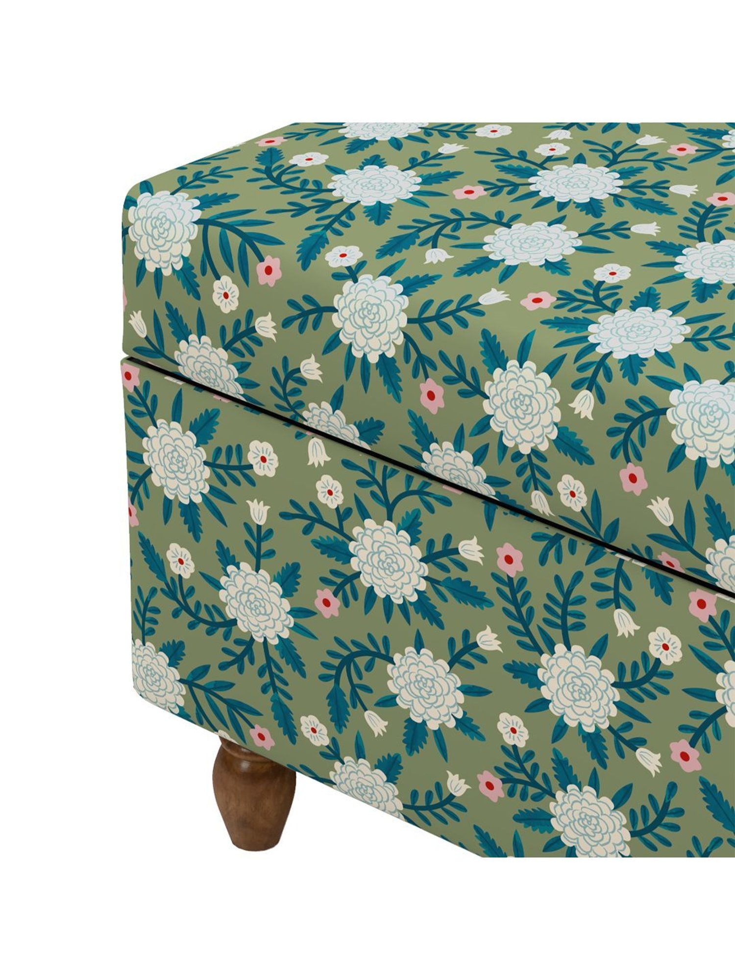 Chumbak Spring Marigold Floral Green Mango Wood Modern Trunk Storage Ottoman
