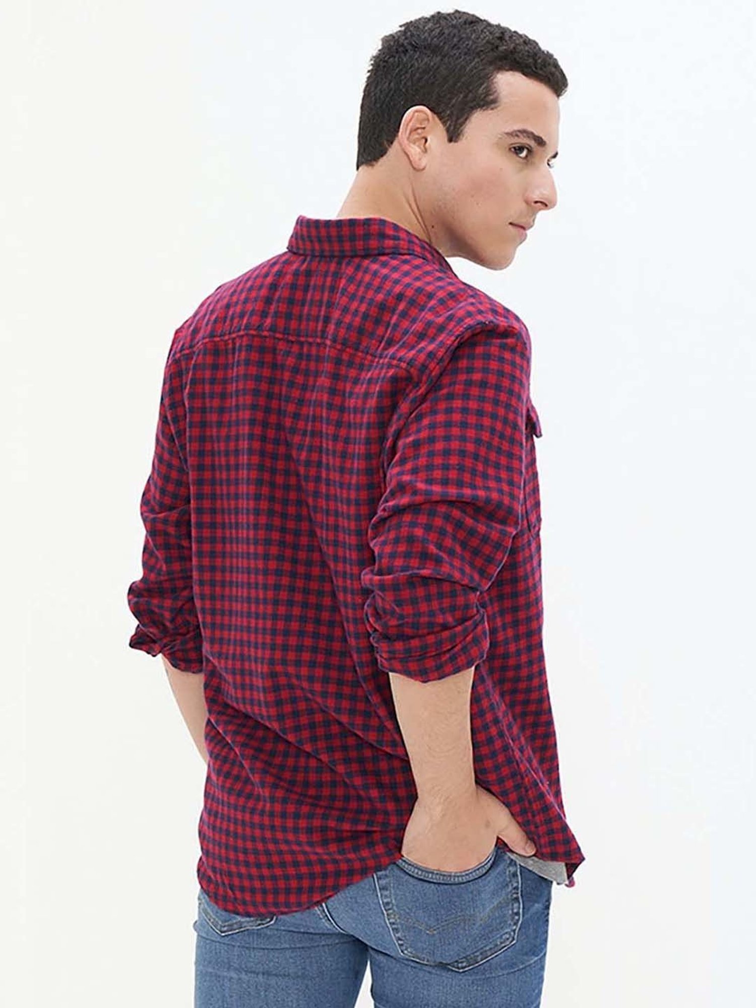 American Eagle Burgundy Cotton Regular Fit Checks Shirt