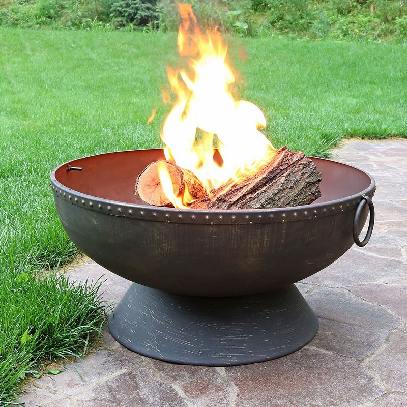 Sunnydaze Outdoor Camping or Backyard Large Fire Pit Bowl with Spark Screen, Log Poker, and Metal Wood Grate - 30" - Bronze