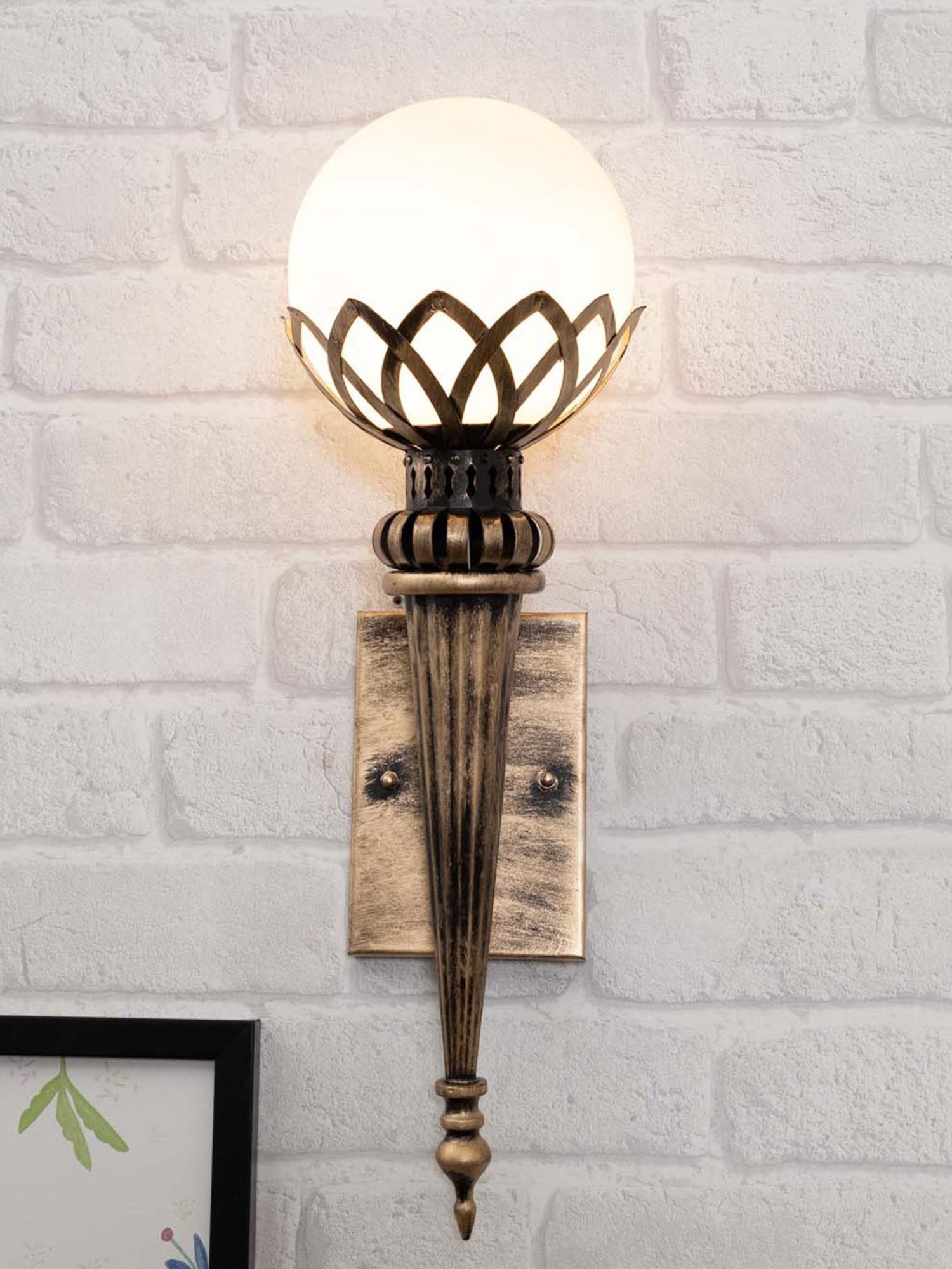 Homesake Gold & White Metal Vintage Filigree Torch Rustic Wall Lamp