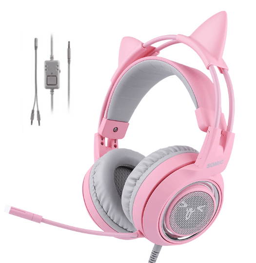 SOMIC Pink Stereo Gaming Headset with Mic for PS4, Xbox One, PC, Mobile Phone, 3.5MM Sound Detachable Cat Ear Headphones Lightweight Self-Adjusting Over Ear Headphones for Women