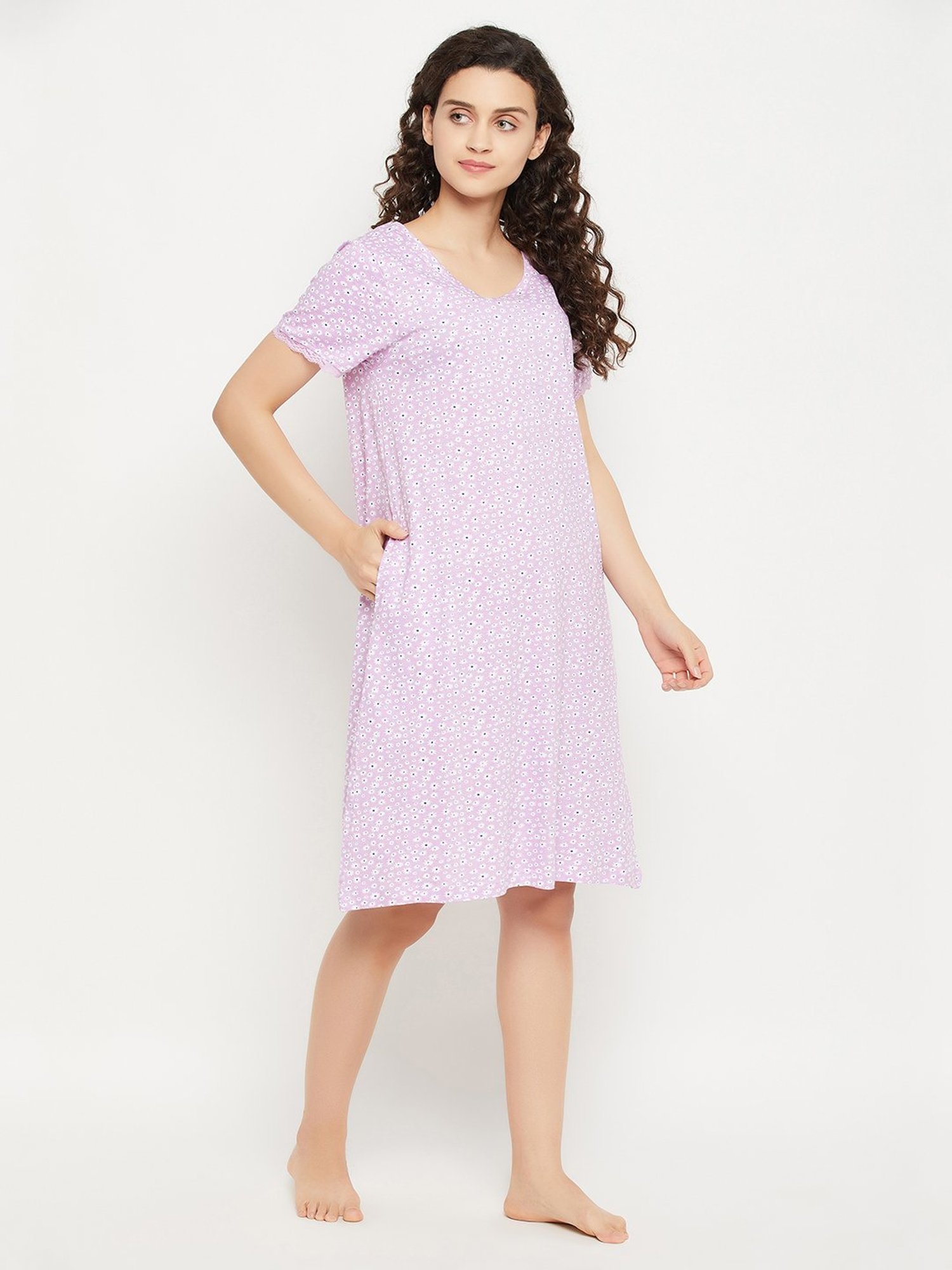 Clovia Lilac Printed Night Dress