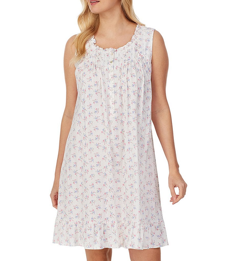 Miss Elaine Petite Silky Knit Square Neck Short Sleeve Checked Print Short Nightgown