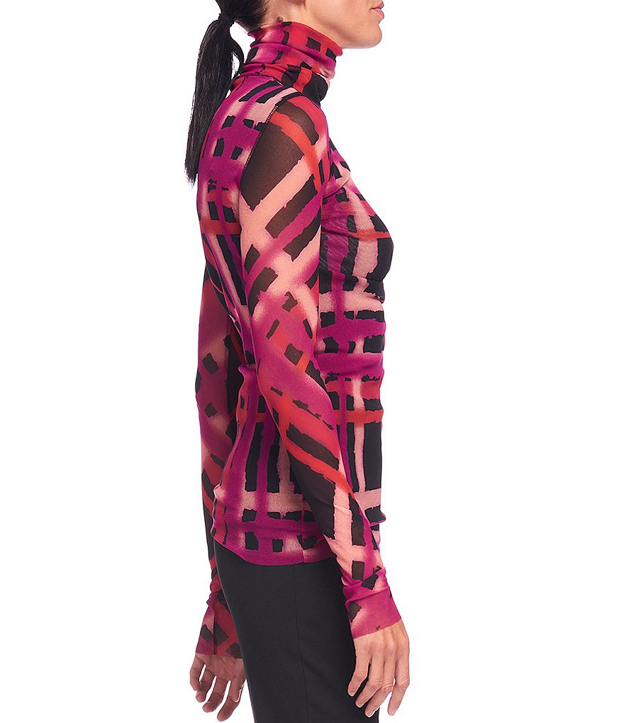 FUZZI Tulle Mesh Abstract Print Turtleneck Long Sleeve Top