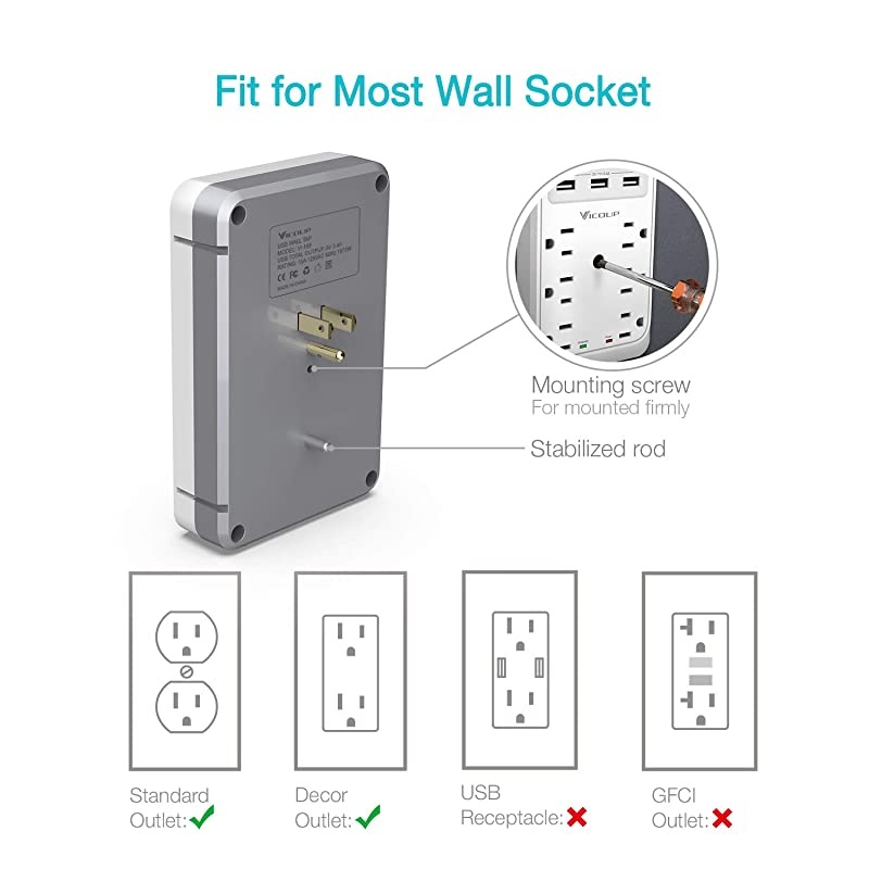 Multiple Outlet Wall Plug Surge Protector with 3 USB Ports Smart 34A Total 6 Outlet Extender Splliter Adapter for Dorm Room Home amp Office 1080Joules