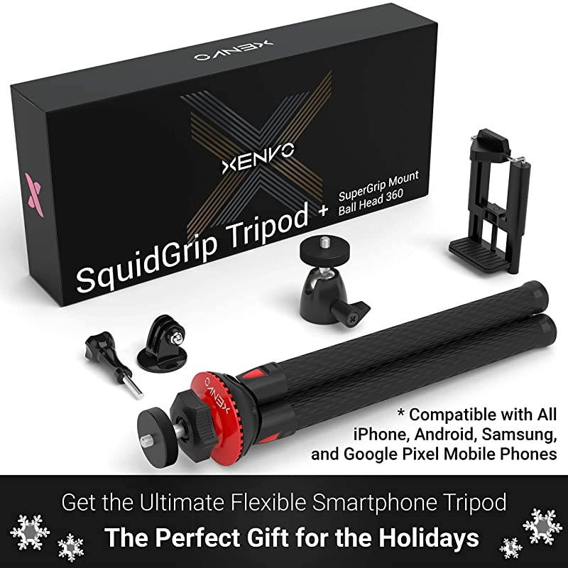 SquidGrip Flexible Cell Phone Tripod and Portable Action Camera Holder - Compatible with iPhone, GoPro, Android, Samsung, Google Pixel and All Mobile Phones