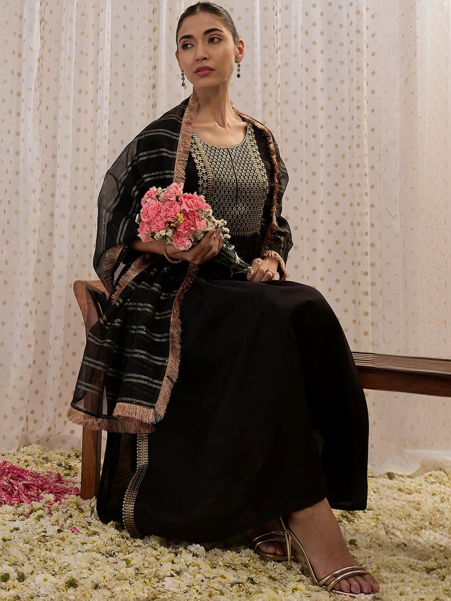 Indo Era Black Woven Pattern Kurta Pant Set With Dupatta