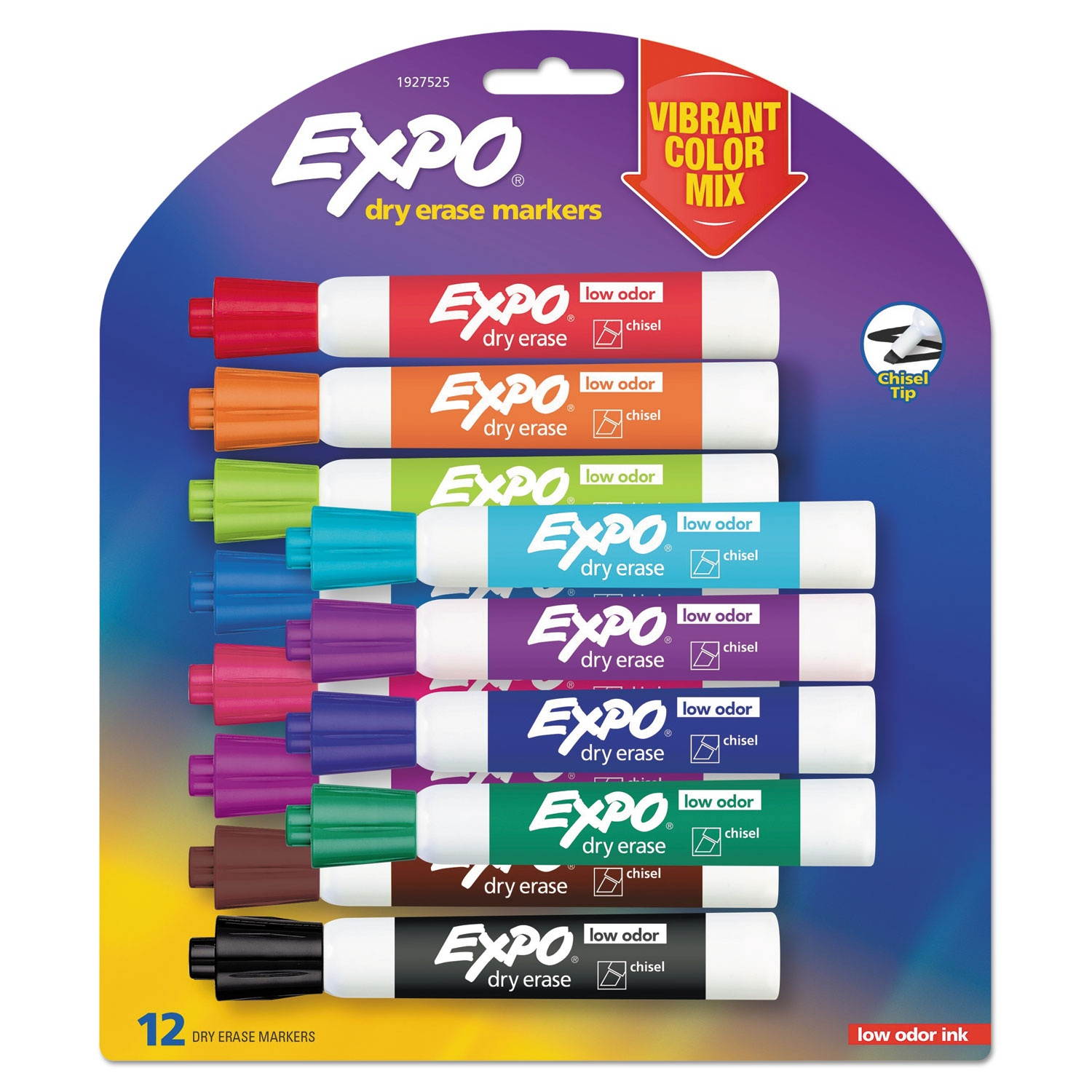 EXPO 1927525 Low Odor Dry Erase Vibrant Color Markers, Assorted Colors, Medium, 12/Set