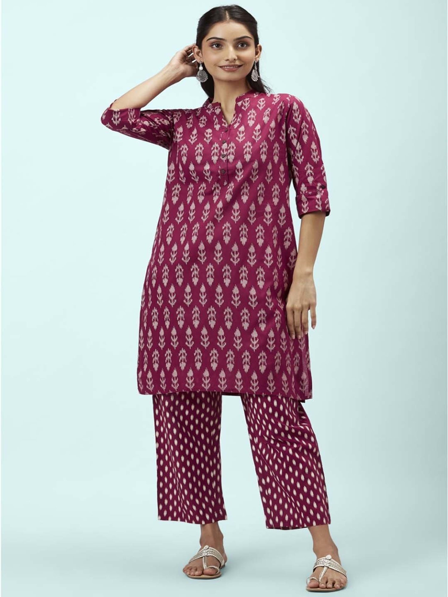 Rangmanch by Pantaloons Wine Cotton Printed Kurta Palazzo Set