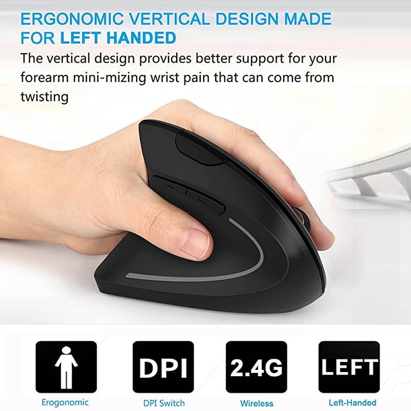 Left Handed Mouse  Wireless 24G USB Left Hand Ergonomic Vertical Mouse Less Noise Black