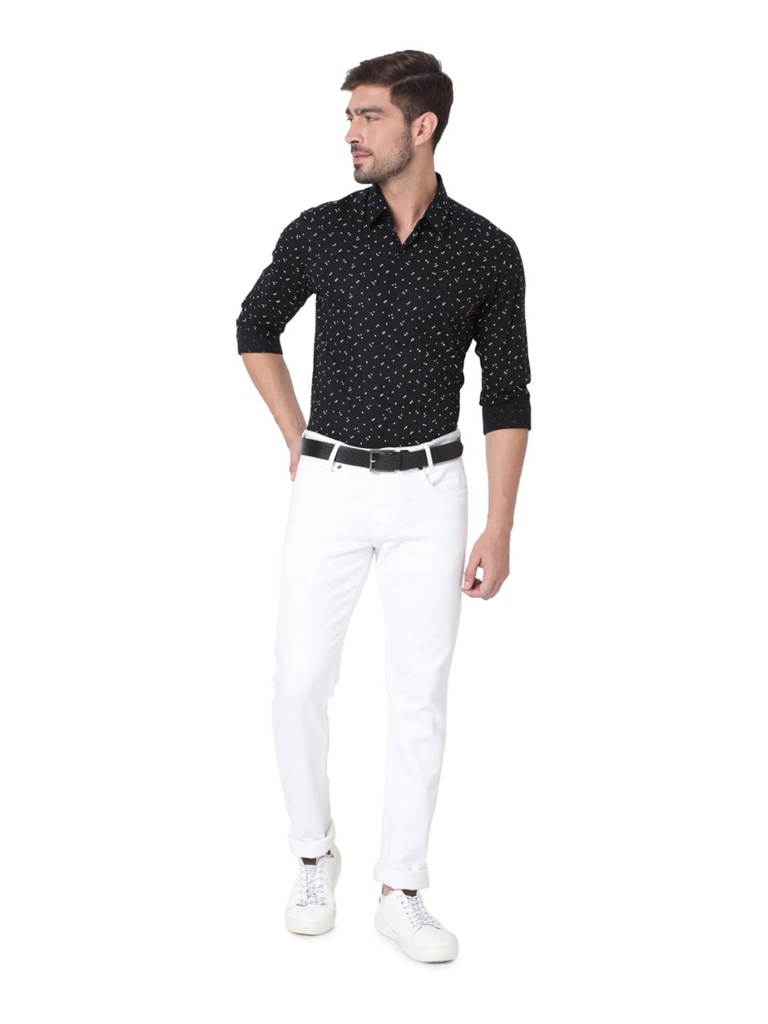 Mufti Black Cotton Slim Fit Printed Shirt