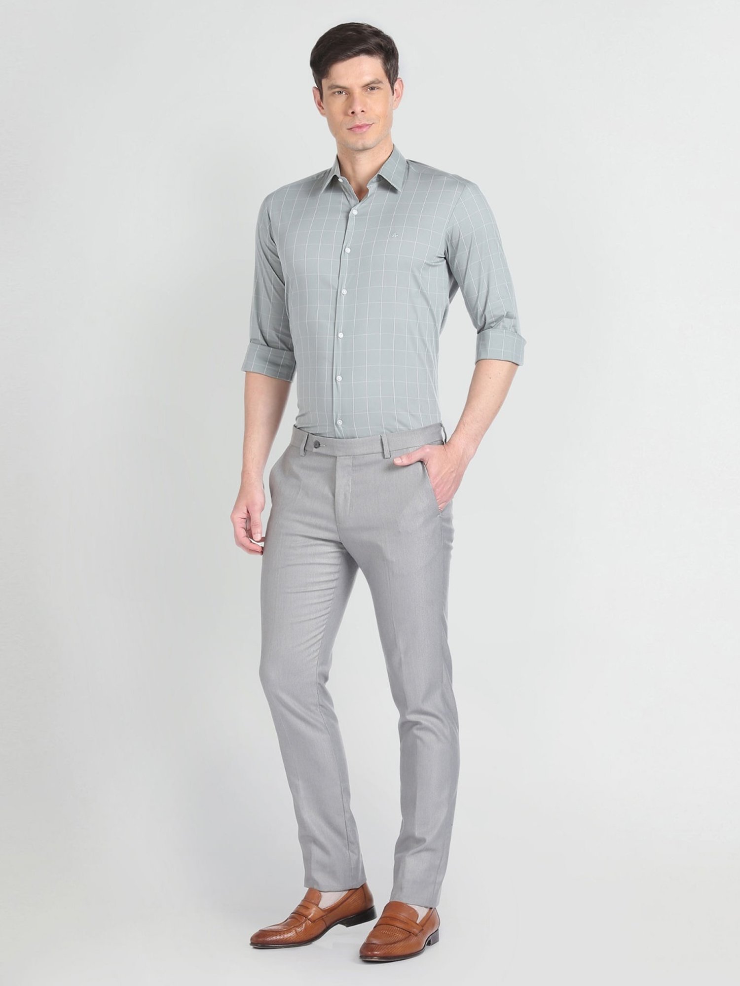 Arrow Newyork Green Cotton Slim Fit Checks Shirt